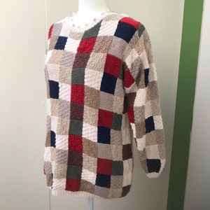 Vintage 80s 90s Hand Knitted Patchwork Colorblock Neutral Fall Color Sweater